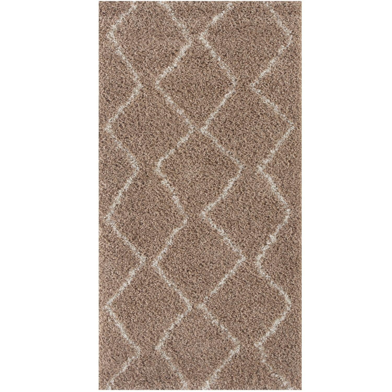 A plush moroccan beige shaggy rug with soft taupe shag texture and subtle beige geometric diamond pattern