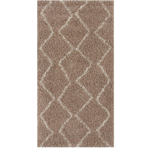 A plush moroccan beige shaggy rug with soft taupe shag texture and subtle beige geometric diamond pattern