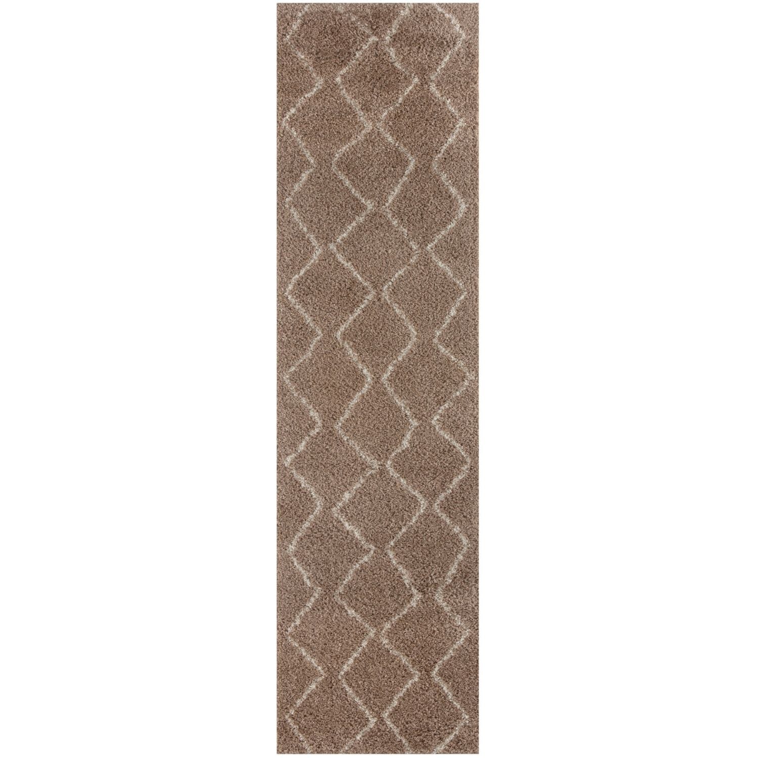 A moroccan beige shaggy runner rug in taupe with a repeating lighter beige geometric diamond pattern