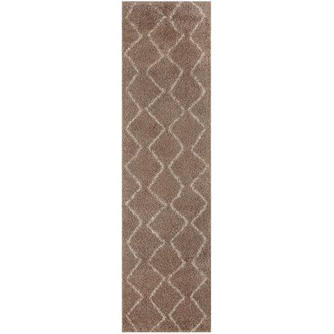 A moroccan beige shaggy runner rug in taupe with a repeating lighter beige geometric diamond pattern