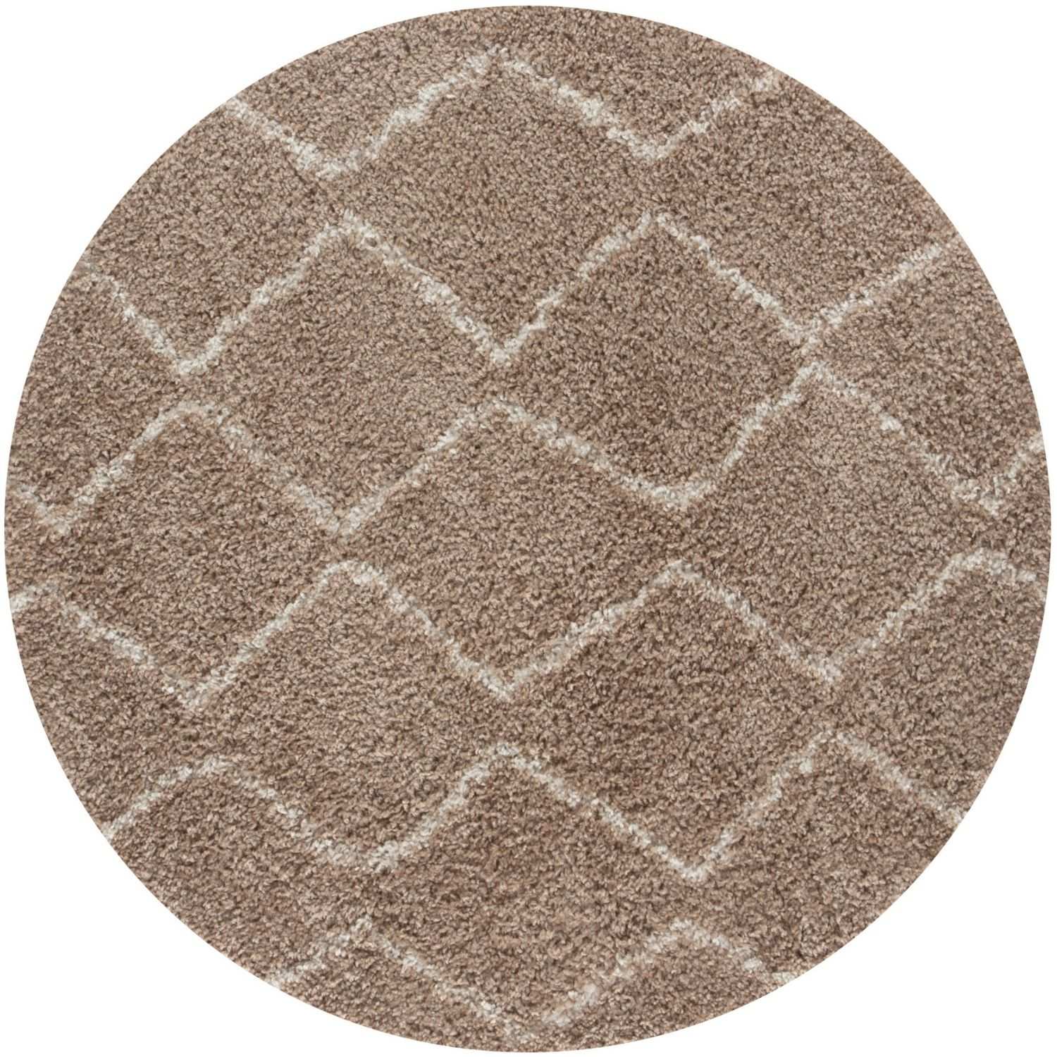 Circular moroccan beige shaggy rug with textured shaggy surface and subtle lighter cream diamond patterns