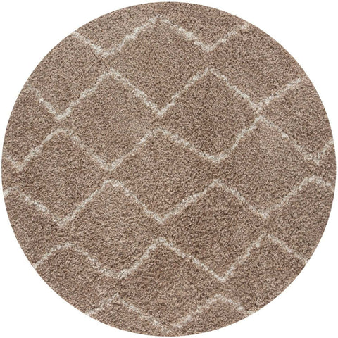 Circular moroccan beige shaggy rug with textured shaggy surface and subtle lighter cream diamond patterns
