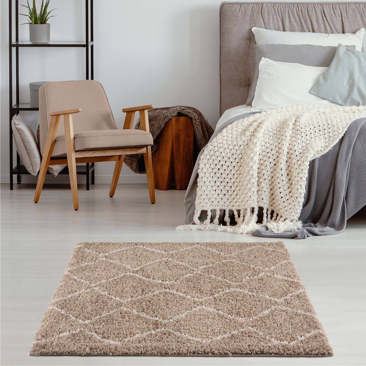 Moroccan beige shaggy rug featuring a cream diamond pattern in a soft beige shaggy texture perfect for cozy spaces