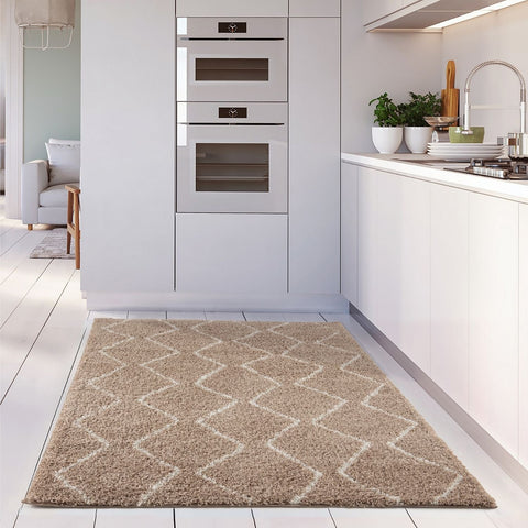 Moroccan beige shaggy rug with cream geometric diamond pattern perfect for cozy living spaces