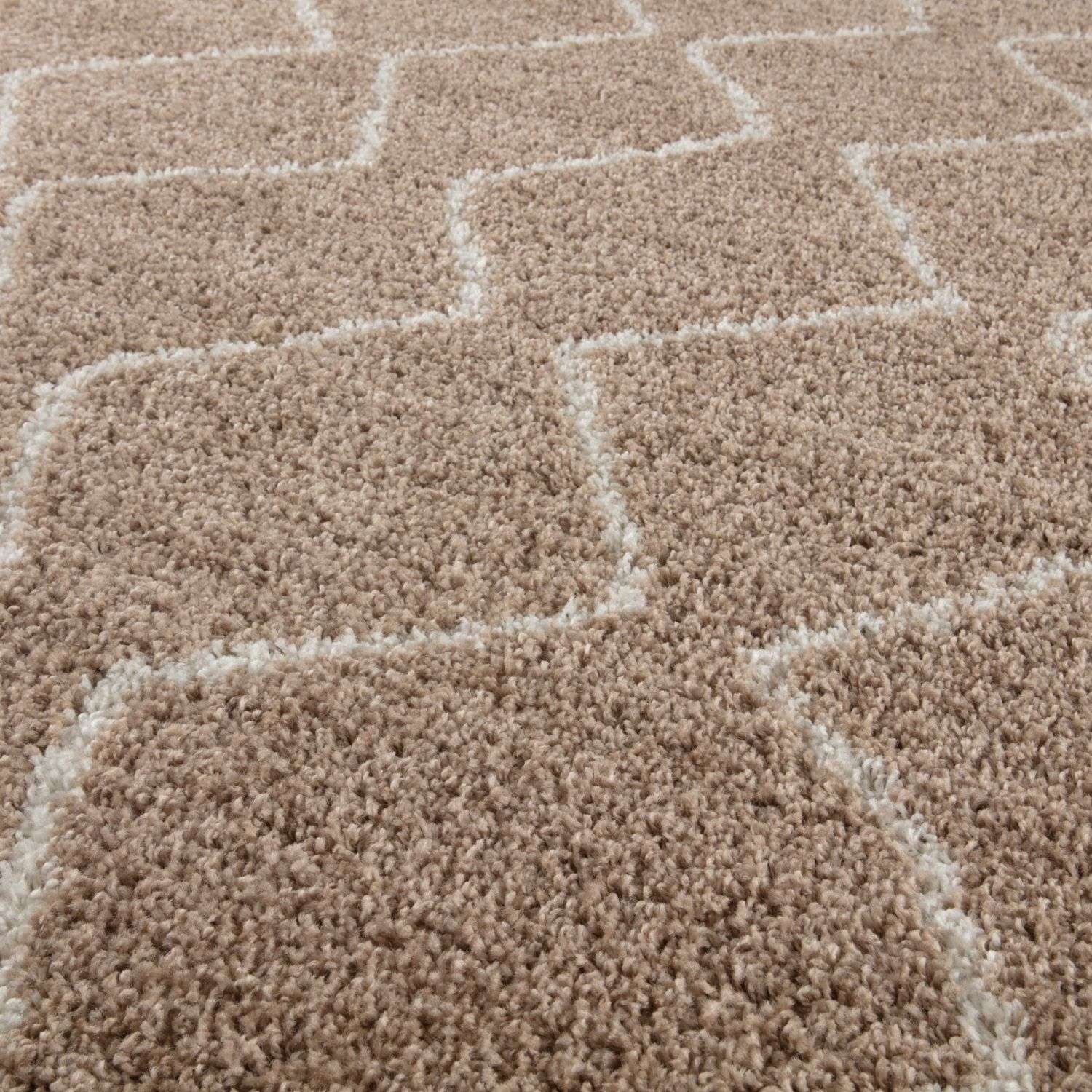Moroccan beige shaggy rug with beige and cream geometric pattern and soft plush texture perfect for cozy spaces
