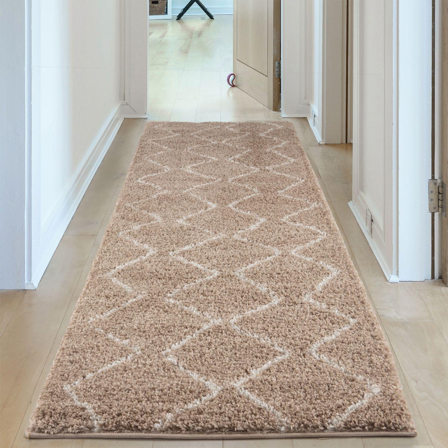 Moroccan beige shaggy runner rug with cream diamond pattern perfect for cozy and stylish floor decor