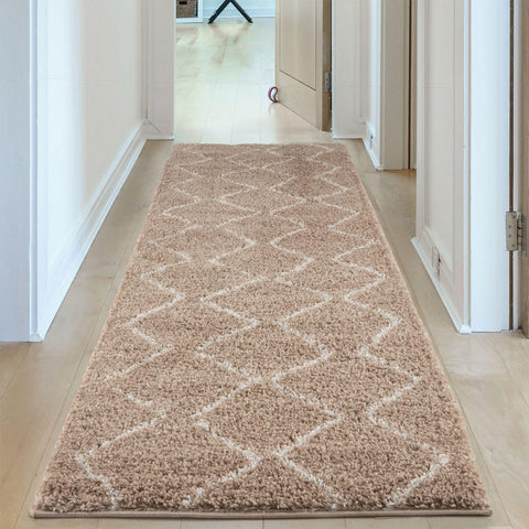 Moroccan beige shaggy runner rug with cream diamond pattern perfect for cozy and stylish floor decor