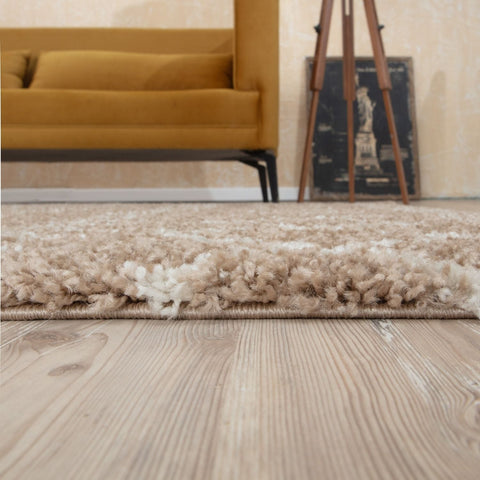 Moroccan beige shaggy rug with a fluffy textured pile in beige and white perfect for cozy living spaces
