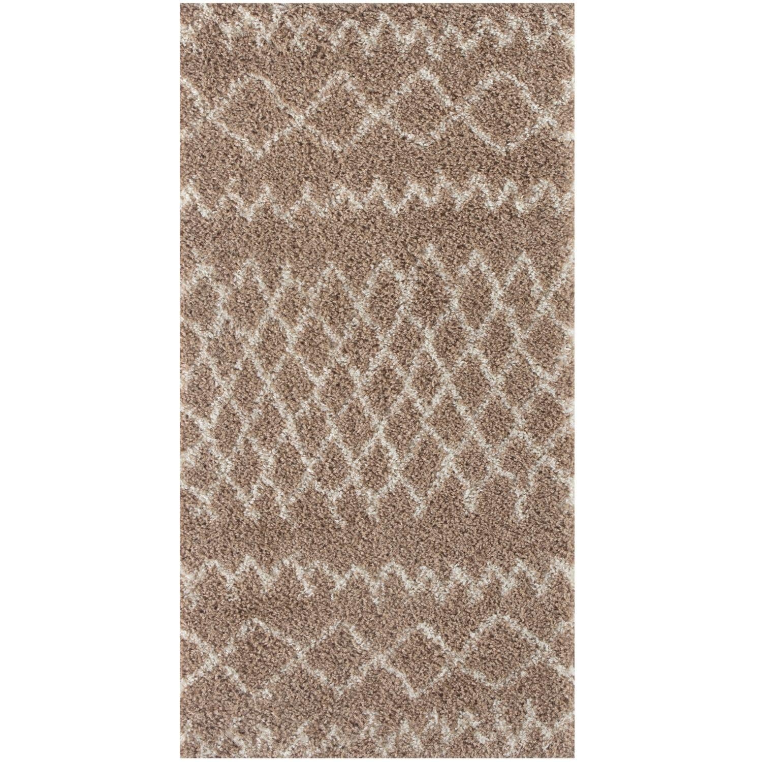 A plush moroccan beige shaggy rug with a beige and taupe geometric pattern and a soft shaggy texture