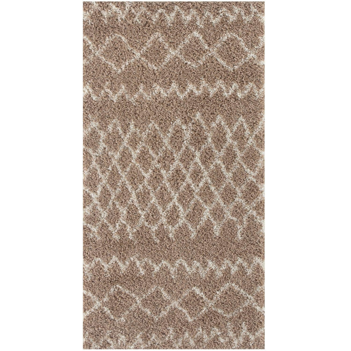 A plush moroccan beige shaggy rug with a beige and taupe geometric pattern and a soft shaggy texture