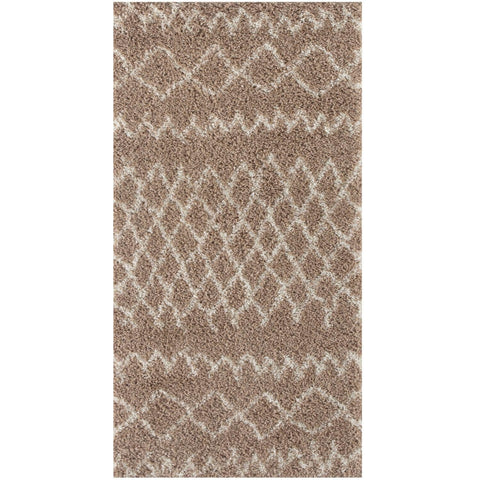 A plush moroccan beige shaggy rug with a beige and taupe geometric pattern and a soft shaggy texture