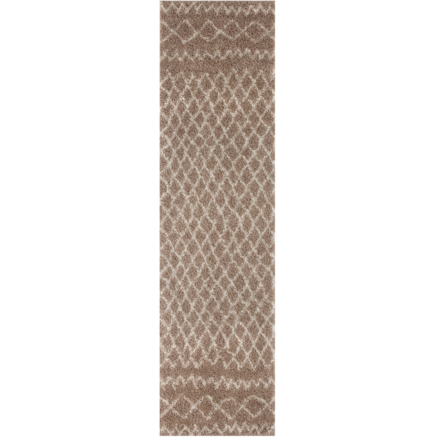 A plush moroccan beige shaggy rug with beige and taupe diamond pattern and soft textured surface