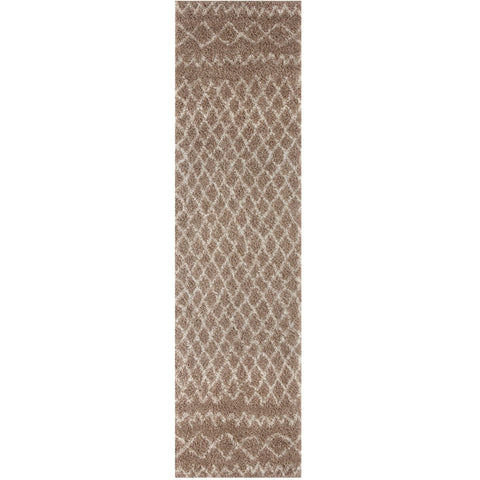 A plush moroccan beige shaggy rug with beige and taupe diamond pattern and soft textured surface