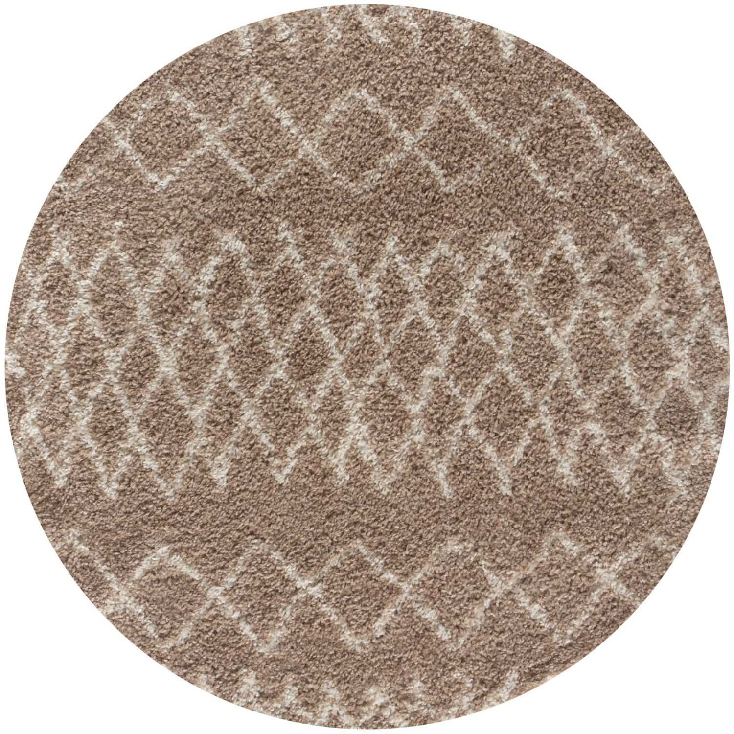 Moroccan beige shaggy circular rug with a textured surface and subtle geometric diamond pattern in lighter tones