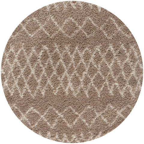 Moroccan beige shaggy circular rug with a textured surface and subtle geometric diamond pattern in lighter tones