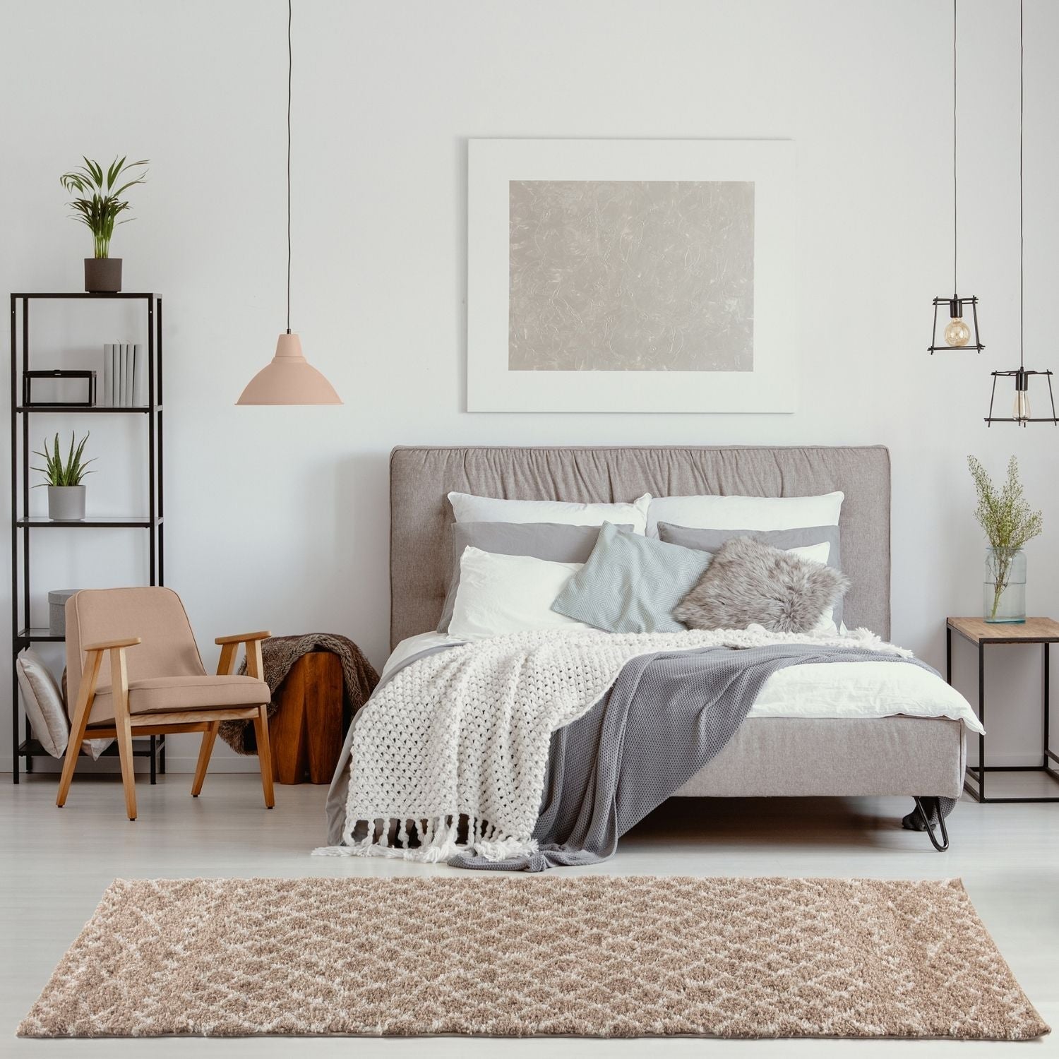 Moroccan beige shaggy rug with textured looped pile and subtle tonal variations in beige shaggy rug style