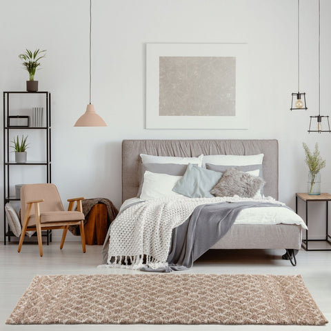 Moroccan beige shaggy rug with textured looped pile and subtle tonal variations in beige shaggy rug style
