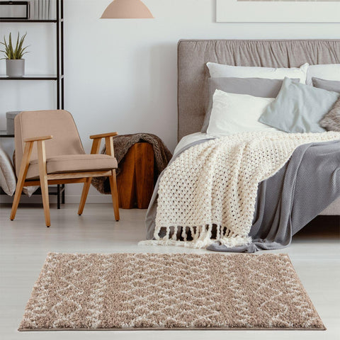 Moroccan beige shaggy rug with a textured looped pile and subtle geometric pattern in soft beige tones