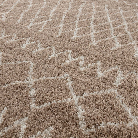 Moroccan beige shaggy rug with plush textured surface and beige cream geometric pattern perfect for cozy spaces