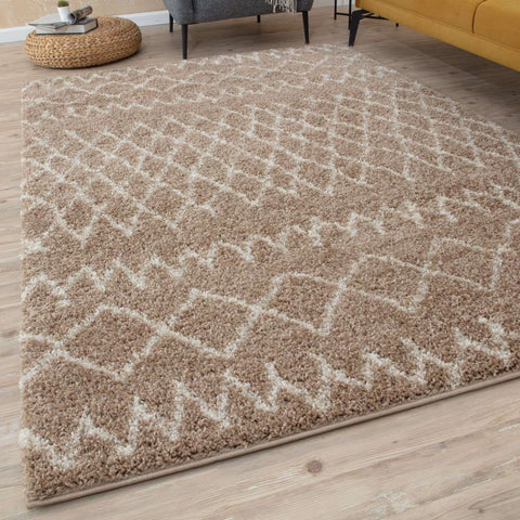 Moroccan beige shaggy rug with plush textured surface and beige cream geometric pattern for cozy decor
