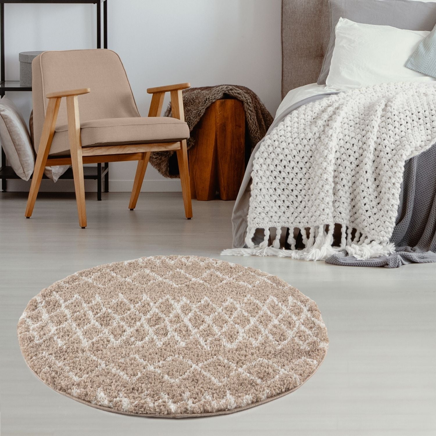 Beige shaggy rug with soft plush pile and textured diamond pattern perfect for cozy moroccan beige shaggy decor