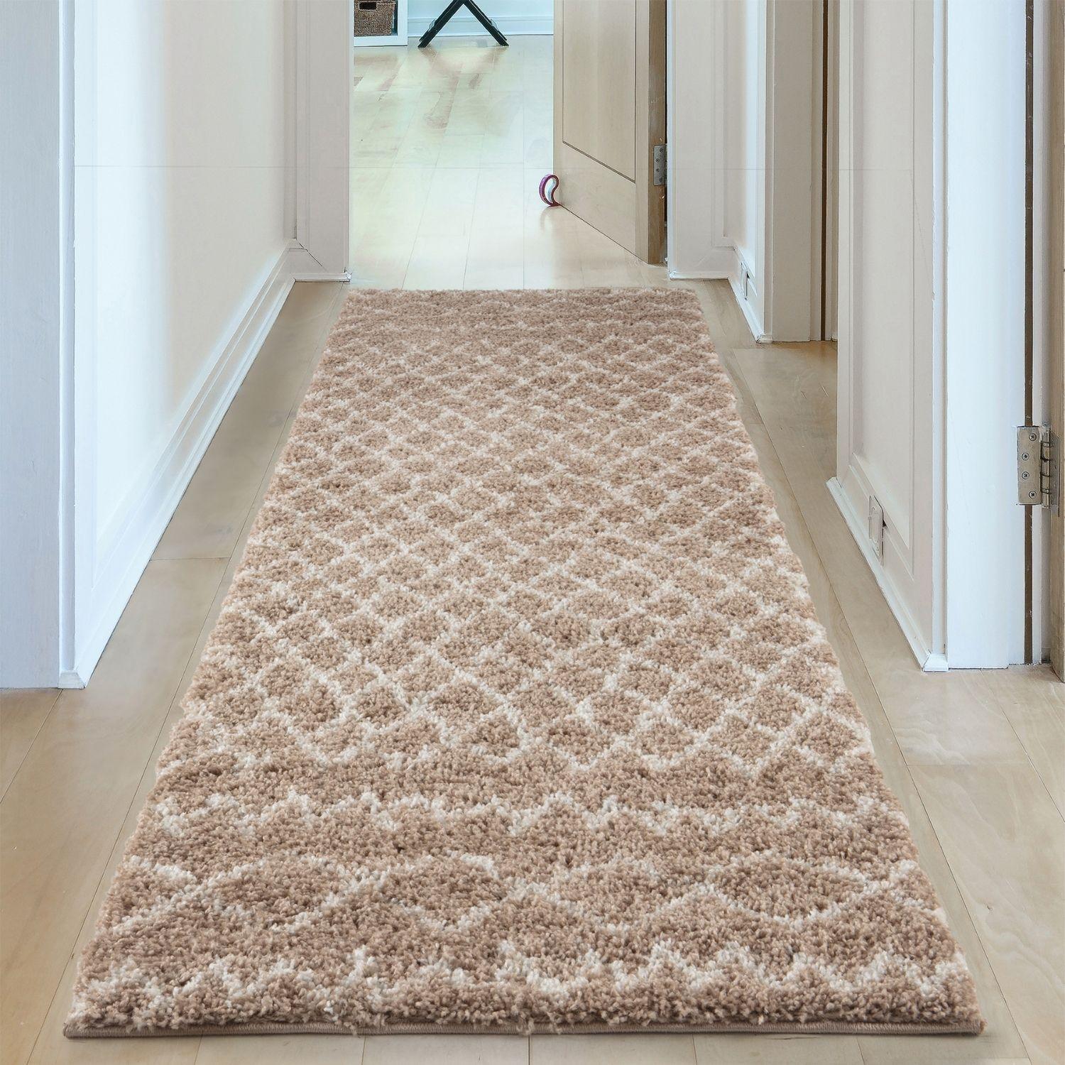 Moroccan beige shaggy runner rug with a soft diamond pattern perfect for cozy home decor