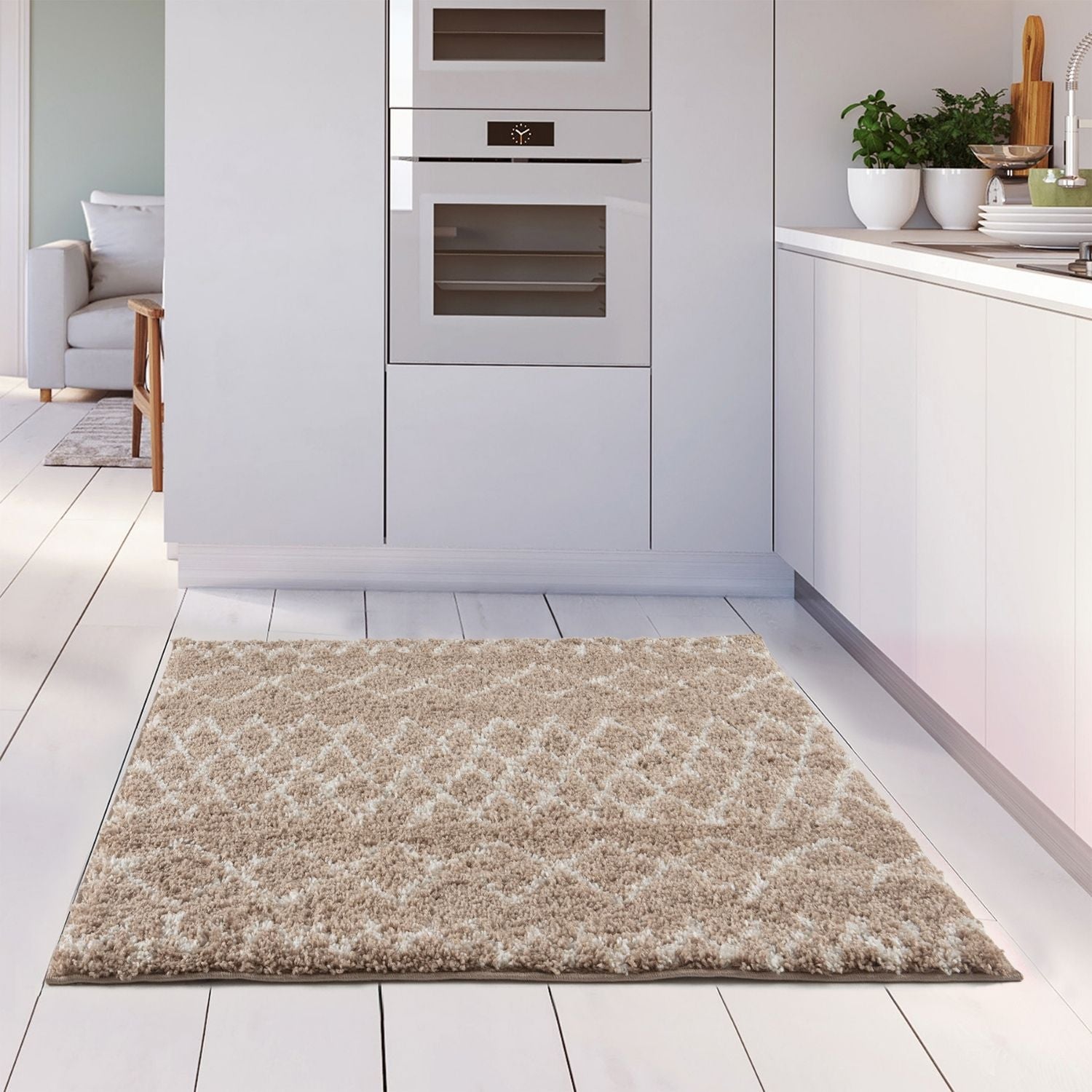 Moroccan beige shaggy rug with a subtle geometric pattern in soft beige perfect for cozy living spaces