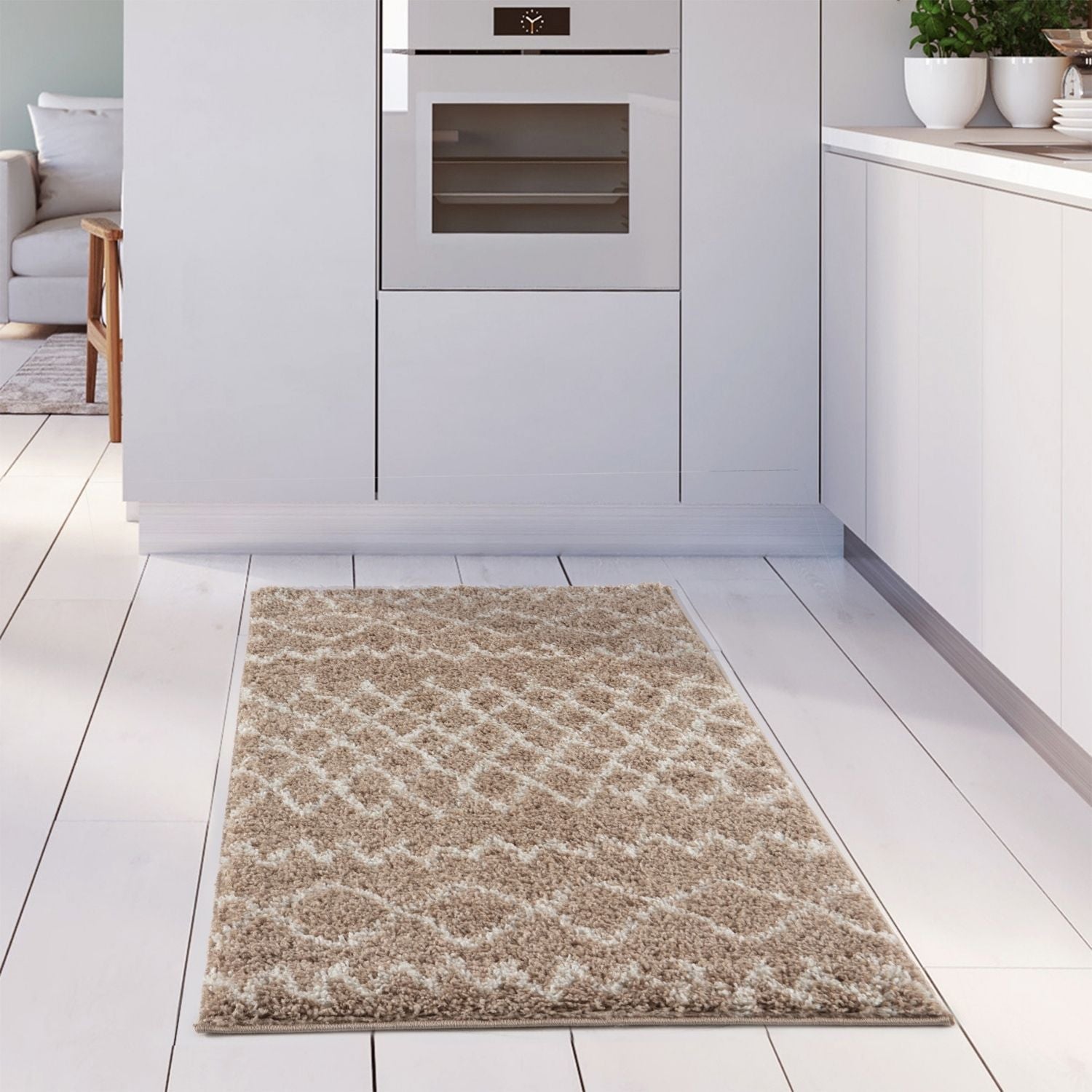 Moroccan beige shaggy rug with a subtle geometric pattern in soft beige perfect for cozy living spaces