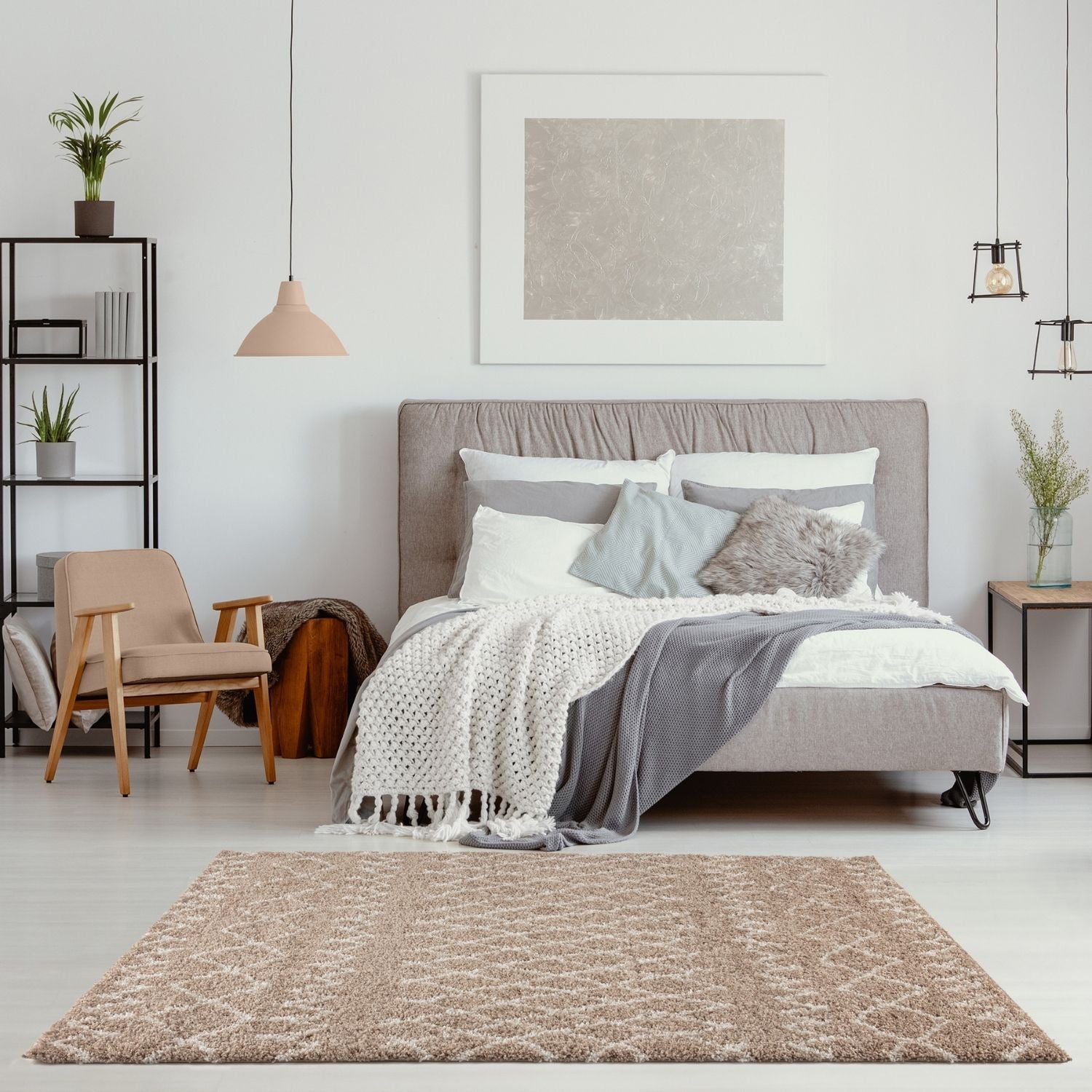 Beige shaggy rug with a textured geometric pattern perfect for a cozy moroccan beige shaggy style room