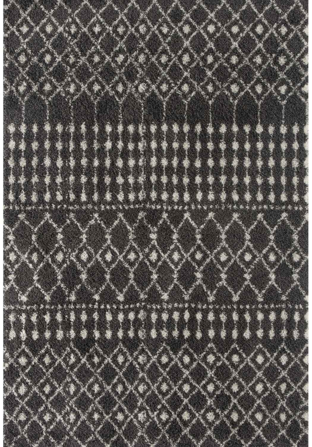 Moroccan dark grey shaggy rug with textured woven surface and repeating geometric patterns in lighter grey and white