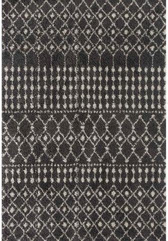 Moroccan dark grey shaggy rug with textured woven surface and repeating geometric patterns in lighter grey and white