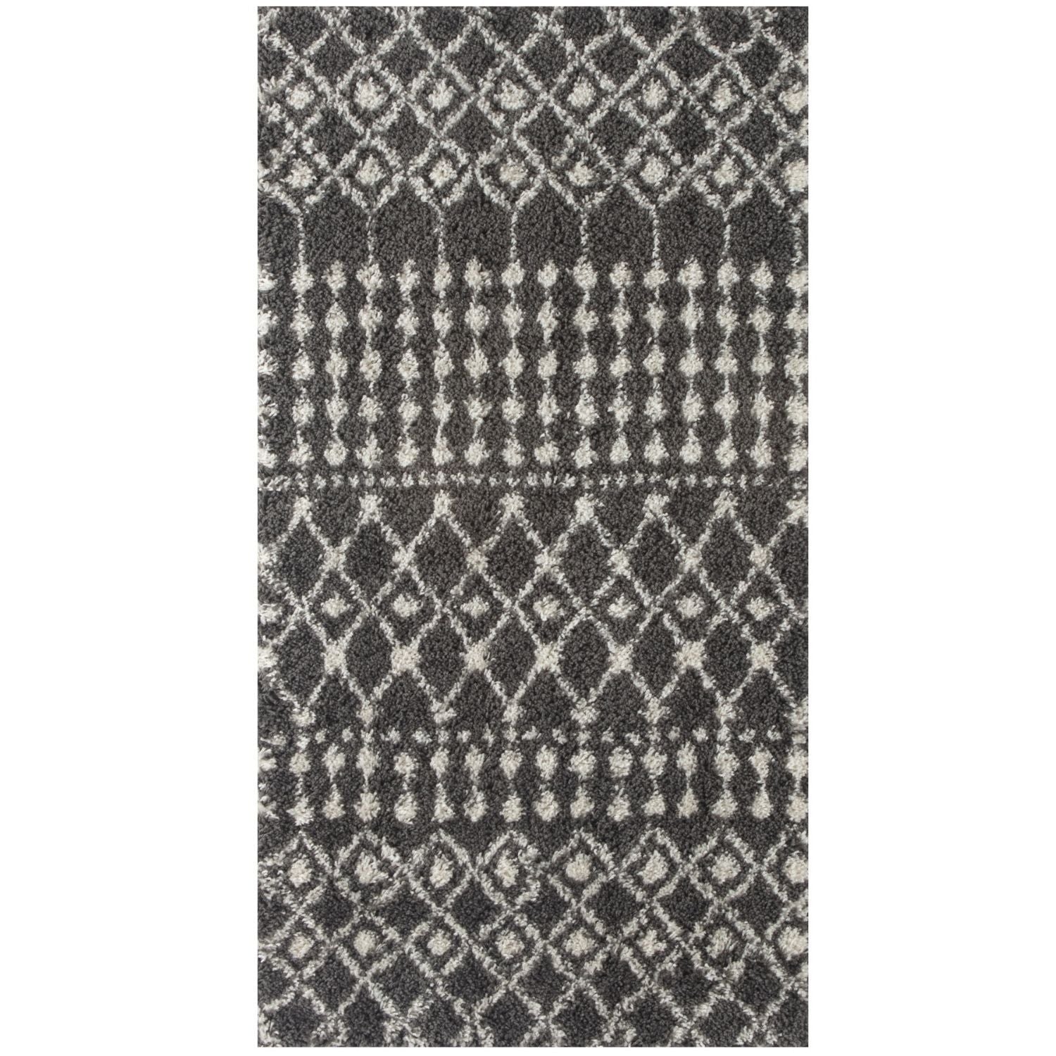 A plush dark grey shaggy rug with off-white geometric patterns featuring a soft textured surface perfect for cozy spaces