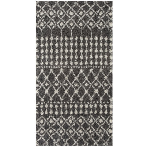 A plush dark grey shaggy rug with off-white geometric patterns featuring a soft textured surface perfect for cozy spaces