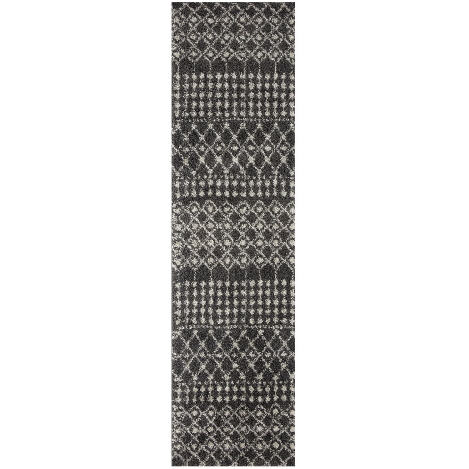 A moroccan dark grey area rug with a dark grey shaggy textured woven geometric pattern design