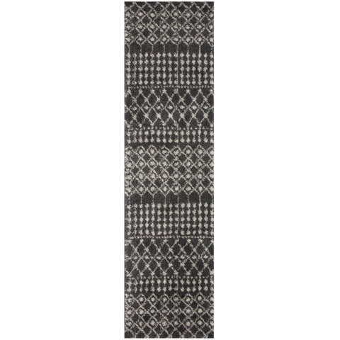 A moroccan dark grey area rug with a dark grey shaggy textured woven geometric pattern design