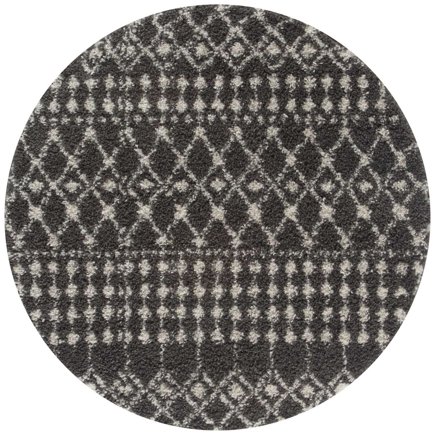 Circular moroccan dark grey shaggy rug with light beige diamond pattern in plush textured weave perfect for cozy spaces