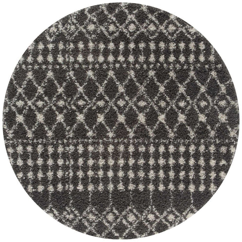 Circular moroccan dark grey shaggy rug with light beige diamond pattern in plush textured weave perfect for cozy spaces