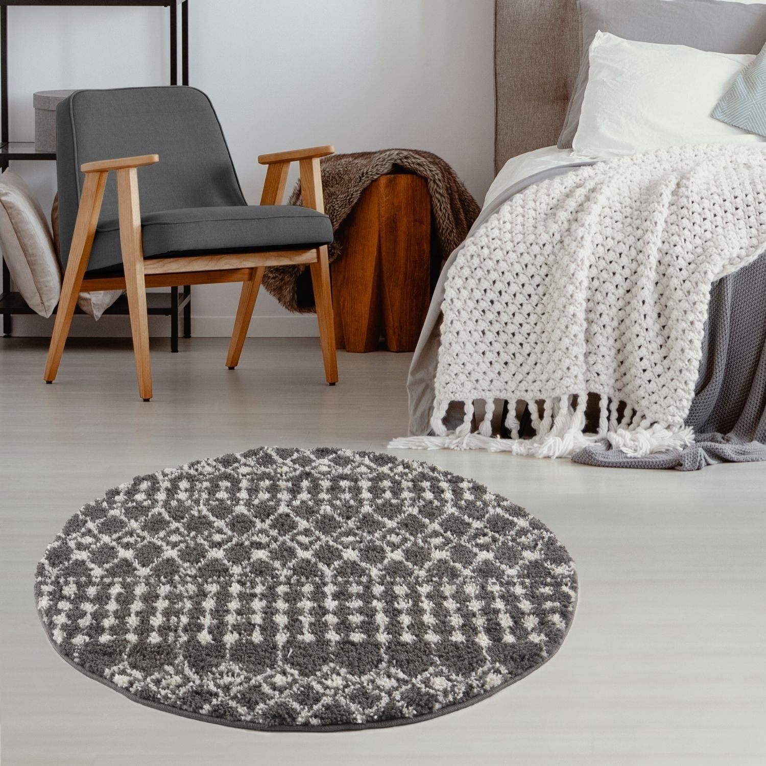 Circular moroccan dark grey shaggy rug with white pattern featuring soft grey shaggy texture for cozy spaces
