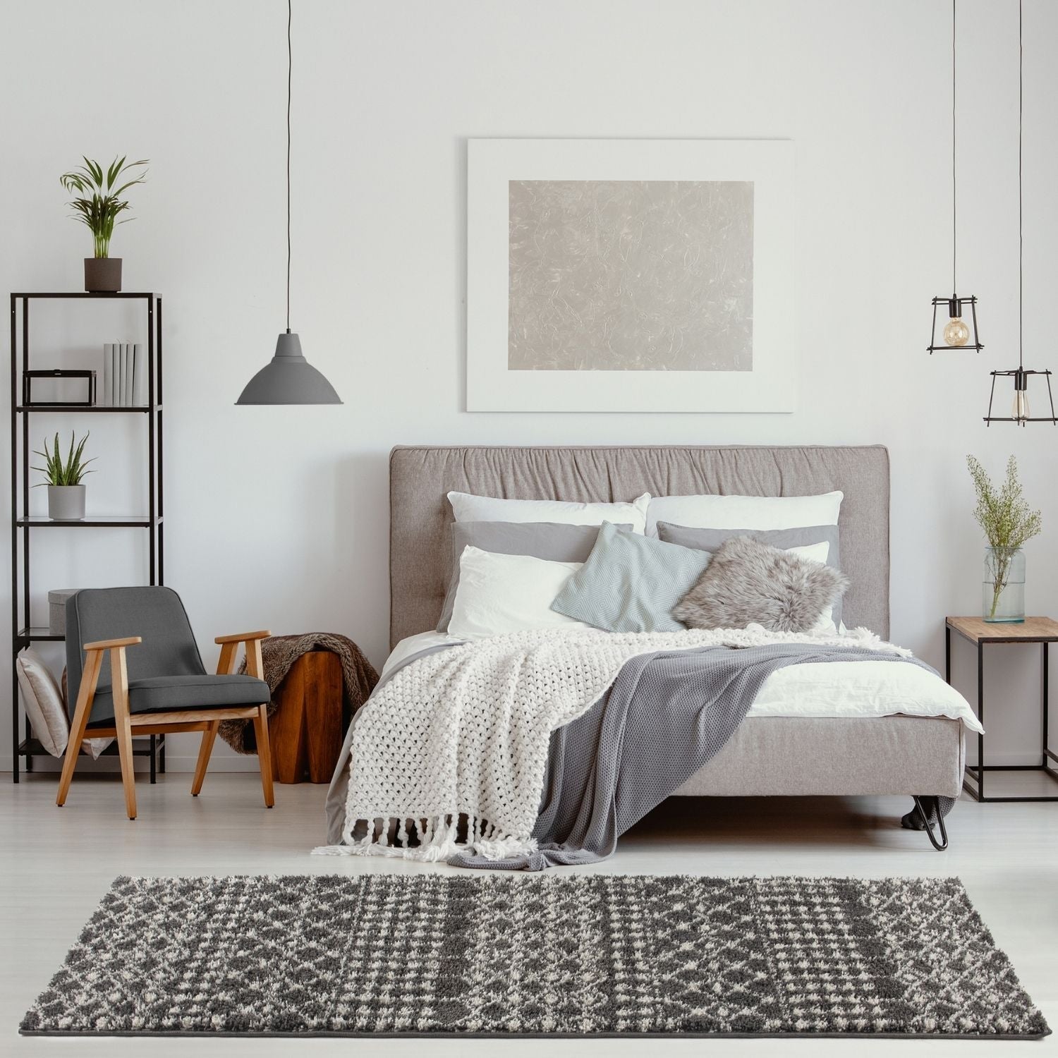Gray textured moroccan dark grey shaggy rug with houndstooth pattern perfect for cozy living spaces
