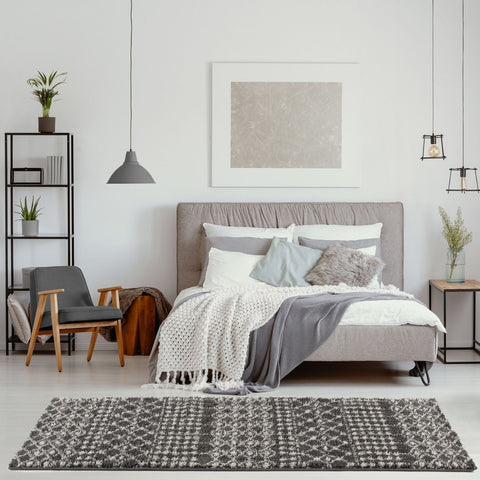 Gray textured moroccan dark grey shaggy rug with houndstooth pattern perfect for cozy living spaces