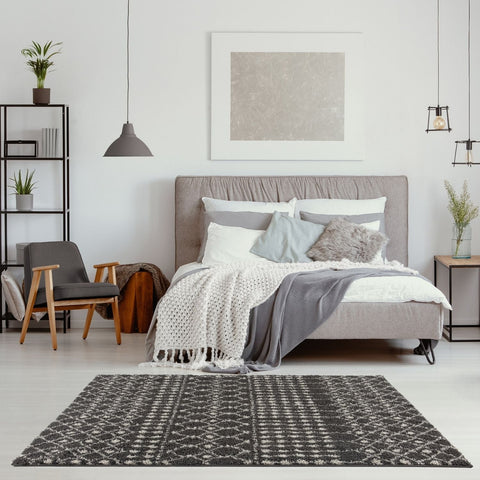 Gray and white geometric patterned moroccan dark grey shaggy rug perfect for cozy living spaces