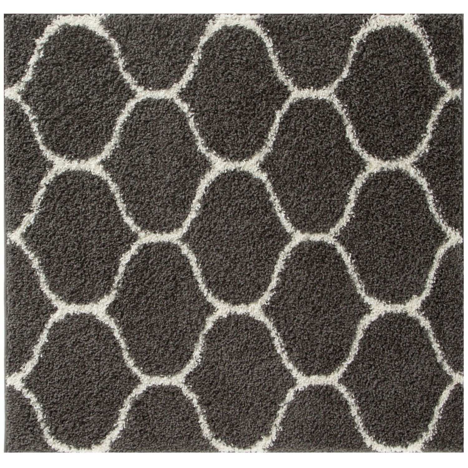Moroccan dark grey shaggy rug with cream geometric oval pattern in soft, plush fabric for cozy living spaces