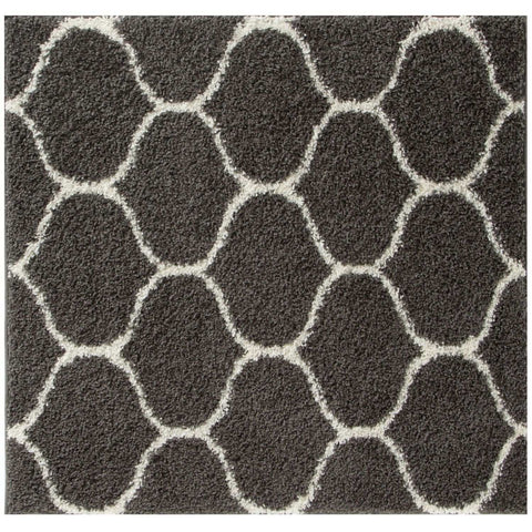 Moroccan dark grey shaggy rug with cream geometric oval pattern in soft, plush fabric for cozy living spaces