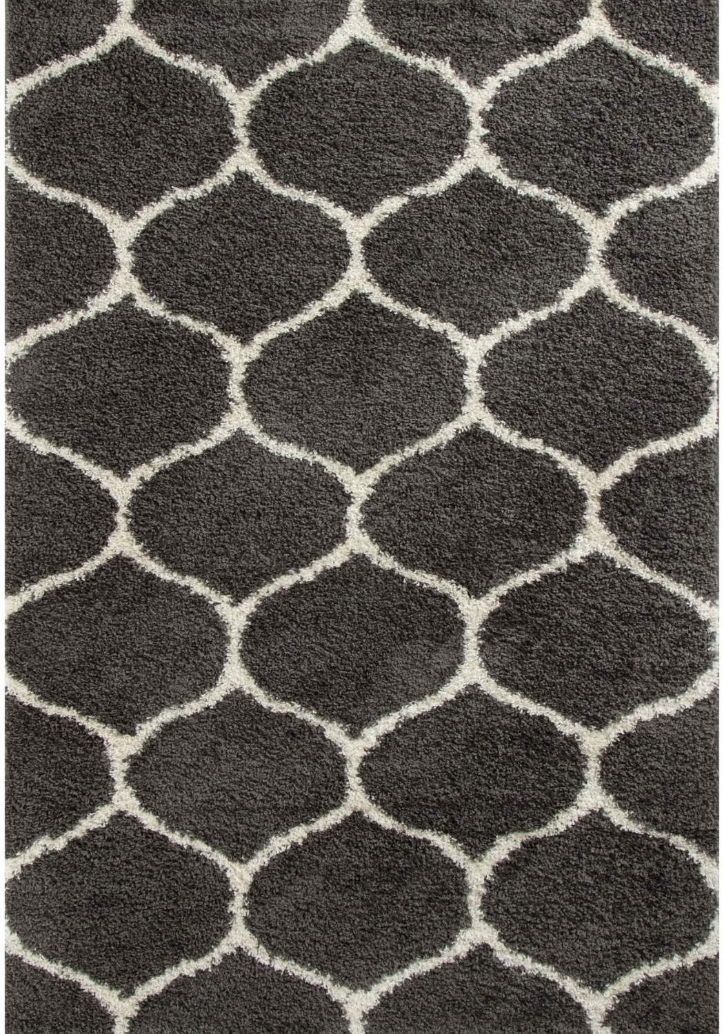 Moroccan dark grey shaggy rug with repeating white geometric pattern perfect for cozy living spaces