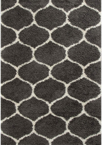 Moroccan dark grey shaggy rug with repeating white geometric pattern perfect for cozy living spaces