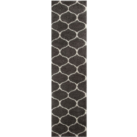 Moroccan dark grey shaggy runner rug with repeating white geometric lattice pattern for stylish floors