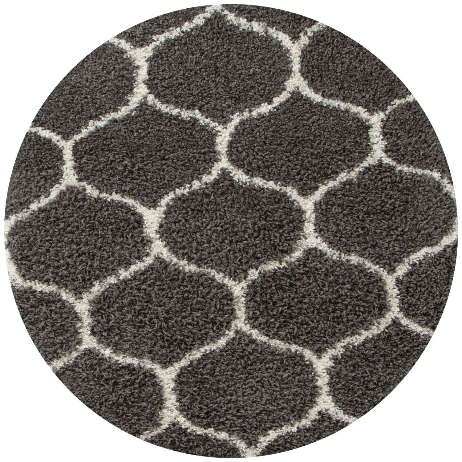 Moroccan dark grey shaggy rug with plush texture and off-white quatrefoil geometric pattern for cozy spaces