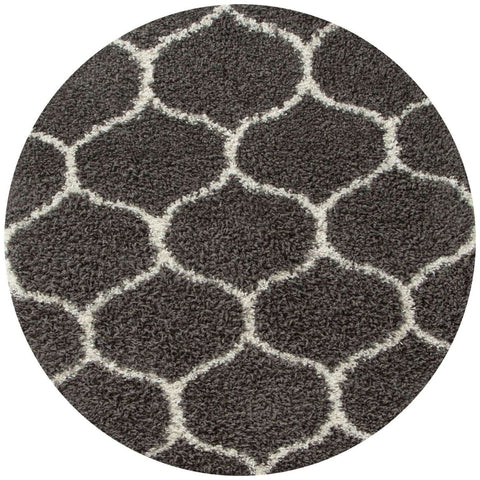 Moroccan dark grey shaggy rug with plush texture and off-white quatrefoil geometric pattern for cozy spaces