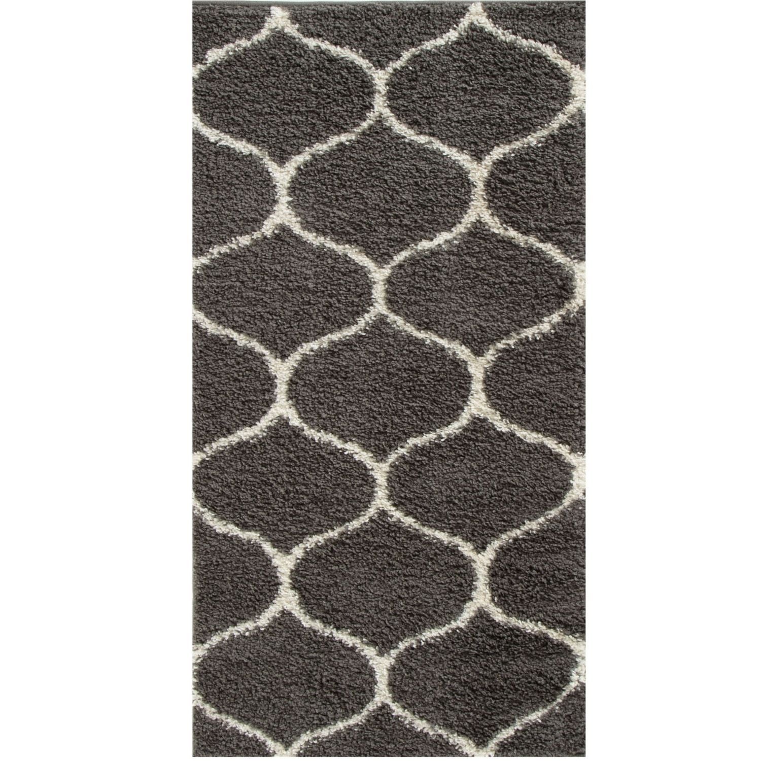 Moroccan dark grey shaggy rug with cream geometric lattice pattern for cozy living spaces or bedrooms