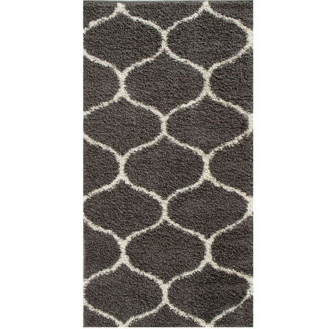 Moroccan dark grey shaggy rug with cream geometric lattice pattern for cozy living spaces or bedrooms